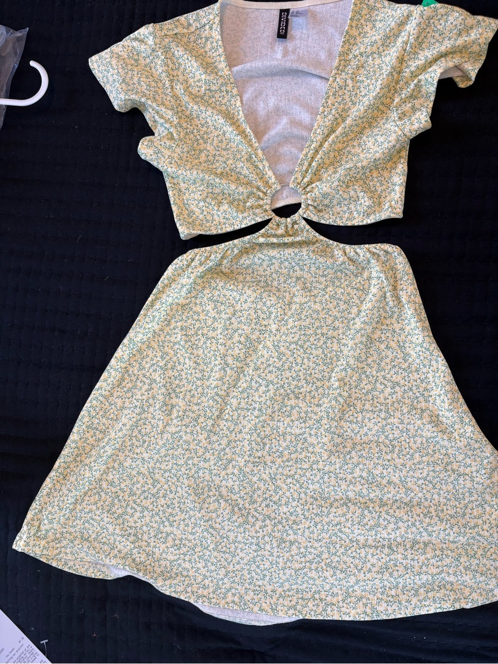 Divided Yellow and Green Floral Backless Dress with Side Cutouts